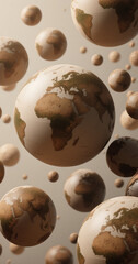 Floating globes showing continents and oceans of the world