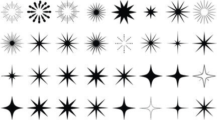 Vector starburst icon set with retro spark shapes, glowing twinkle elements, abstract sun rays, minimal flare graphics, decorative star symbols, vintage design bundle