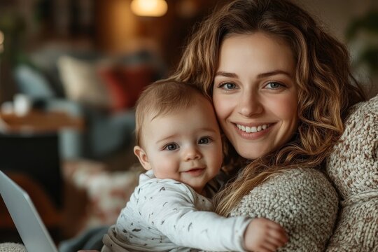 Successful maternity leave. Happy mother working on laptop with infant baby on her arms, woman enjoying remote online work or education on computer