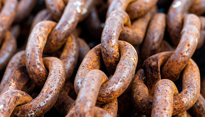 Close-up of rusty interlocking metal chains creating a strong and weathered texture
