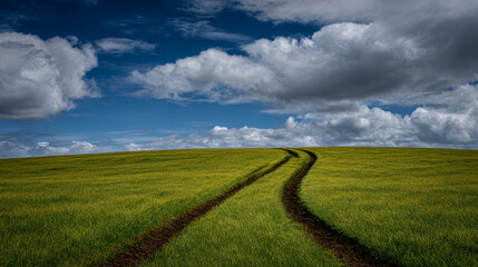 A green field with tire tracks leading to the horizon under a cloudy blue sky on a sunny day outdoors