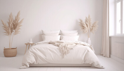 Minimalist boho bedroom with white linens and pampas grass decor