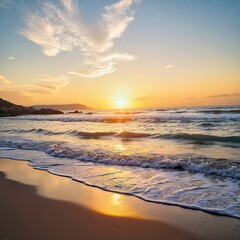 Sunset over ocean, waves, distant person with surfboard, hills
