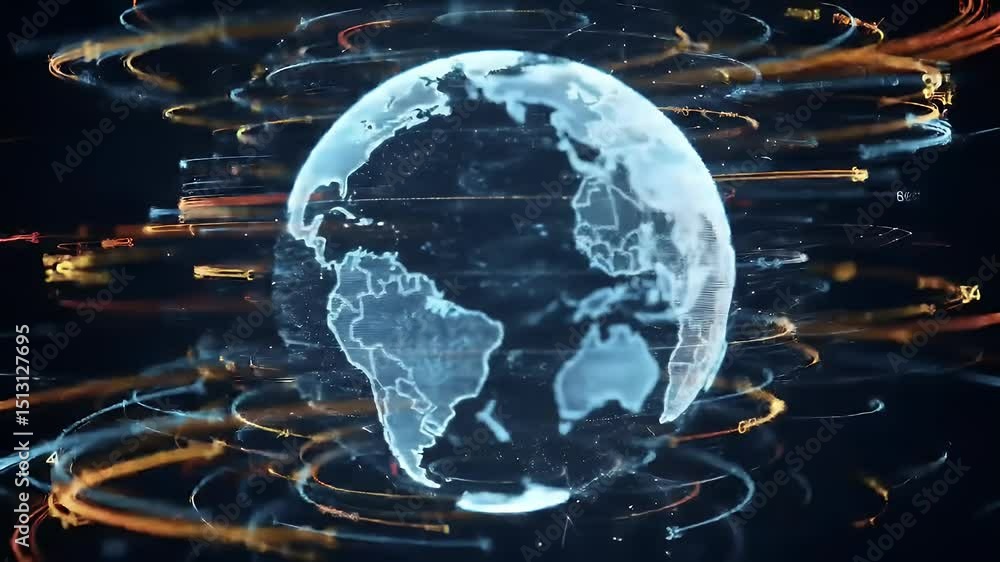 Poster digital representation of planet earth with abstract overlays.