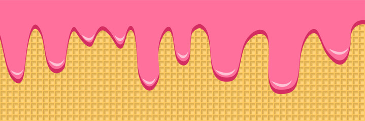 Pink strawberry cream melted waffle cone vector pattern. Ice cream waffle sweet liquid biscuit candy cartoon cream