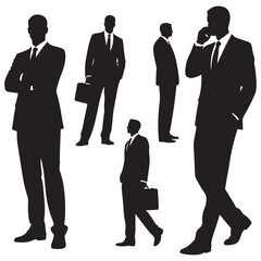 Business people silhouettes in suits standing as a team in black vector illustration