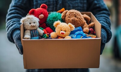 Close up of a man with a cardboard box full of toys to donate