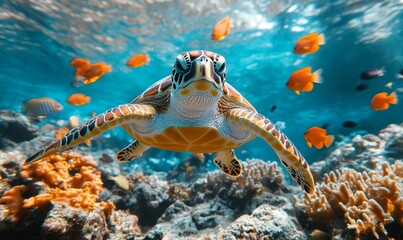 turtle with group of colorful fish and sea animals with colorful coral underwater in ocean