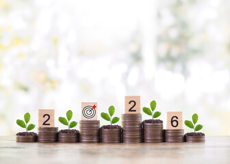 Wooden blocks with the number 2026 and plants growing up on stack of coins. The concept of saving...