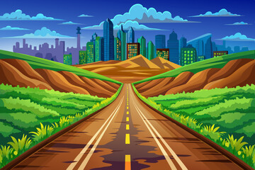 Fototapeta premium Amazing Straight empty road through the countryside on city background. Green hills, blue sky, meadow, Summer landscape vector illustration cartoon