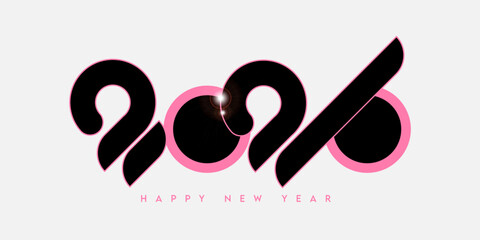 2026. Black and Pink 2026 happy new year number design , isolated in grey. 2026 concept inspired by flamingo with shining flare. 2026 template for greeting card, calendar, cover, poster, background.