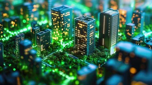 Close up of green fintech innovations offering financial products and services that promote environmental sustainability, including eco-investment portfolios and carbon-neutral banking