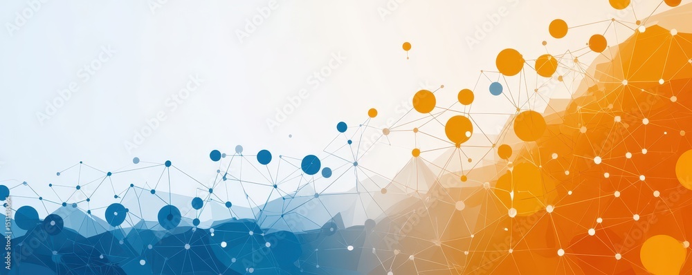 Poster Abstract network with blue and orange connected dots and lines, representing data, technology, and communication.