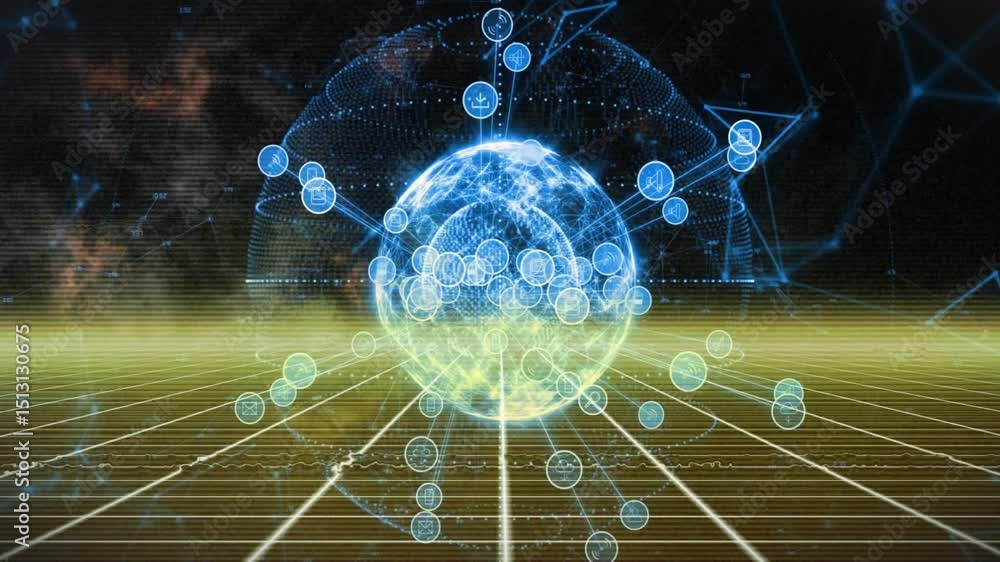 Poster glowing 3d wireframe globe emerging from grid, radiating blue data nodes and forming network map