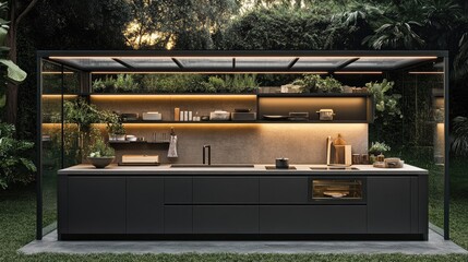 Minimalist exterior kitchen layout with cement surfaces and translucent roof panels