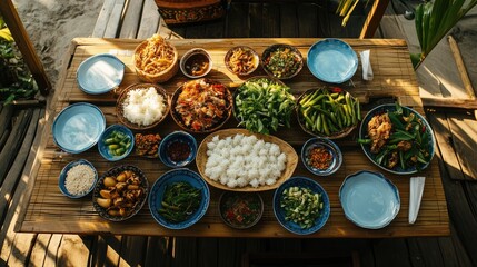 Overhead shot of traditional cooking setup with all components of the dish laid out before cooking