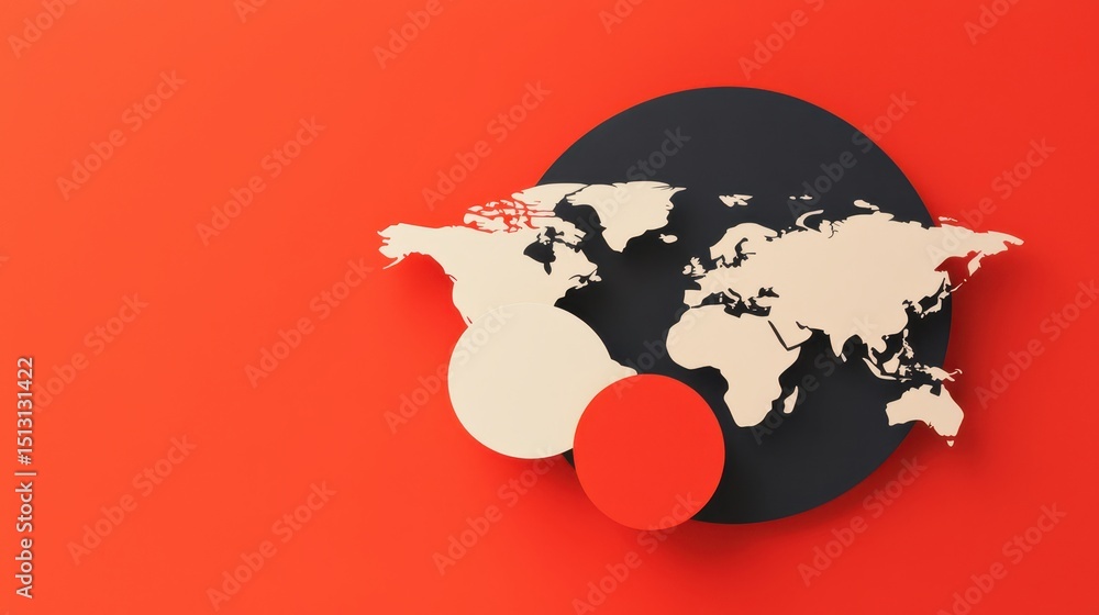Poster minimalistic world map illustration with layered geometric shapes on a bright orange background.