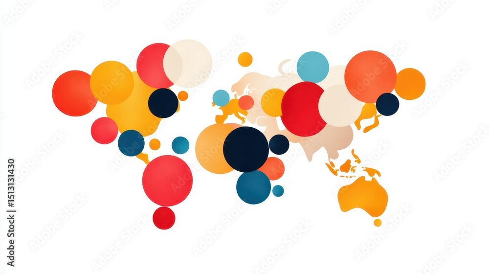 Aufkleber A colorful abstract world map made of overlapping circles in various sizes and hues on a white background.