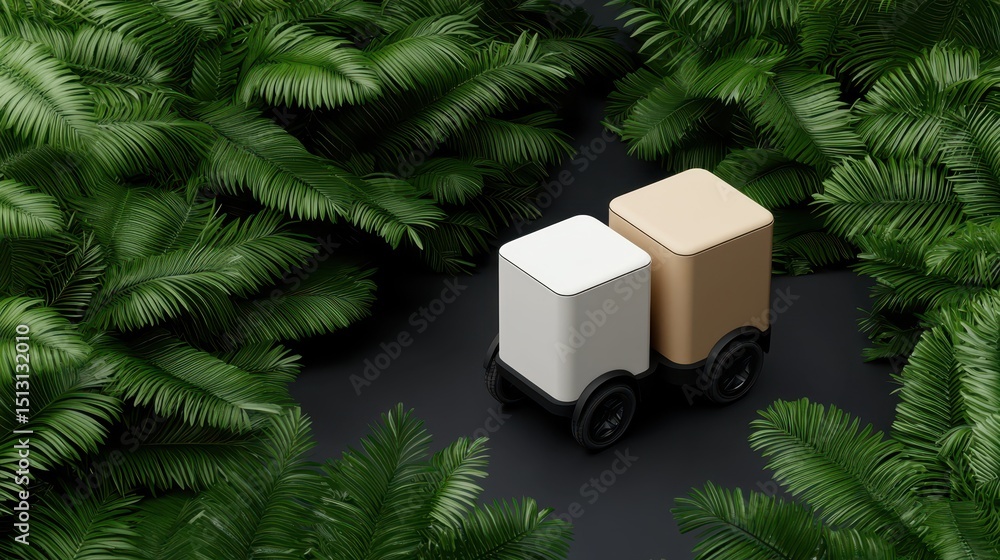 Poster a small delivery robot with two compartments travels through lush green foliage.