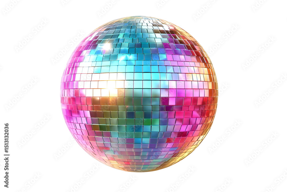 Poster a colorful disco ball with small square mirrors on a black isolated background studio shot on transp