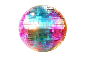 A colorful disco ball with small square mirrors on a black isolated background studio shot on transparent background