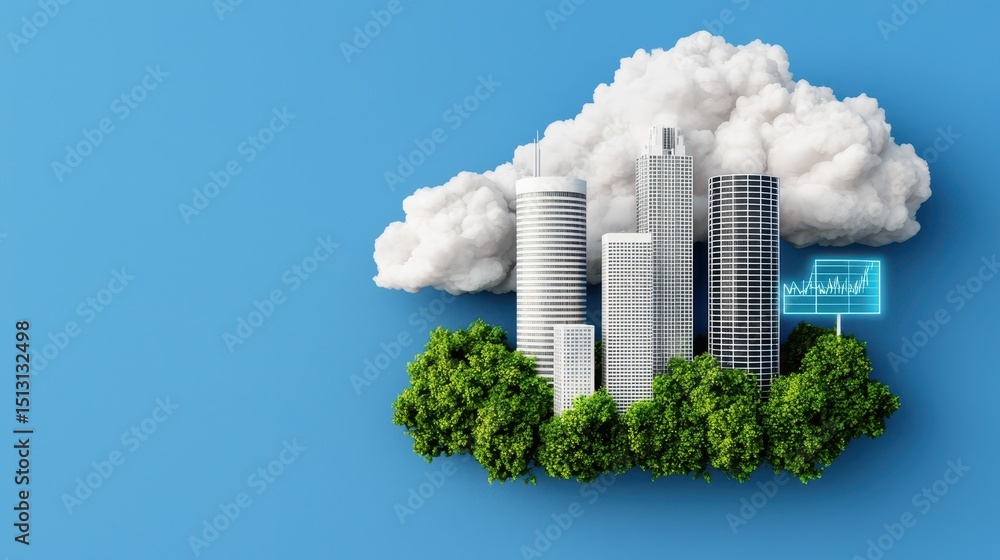 Poster modern city skyscrapers surrounded by greenery with a digital graph and cloud backdrop on a blue bac