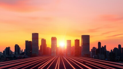 Modern city skyline at sunset with glowing futuristic lines leading towards tall buildings.