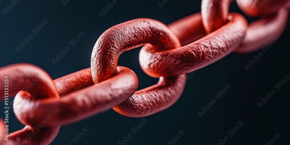 Poster close-up of a red metal chain with textured links against a dark background.