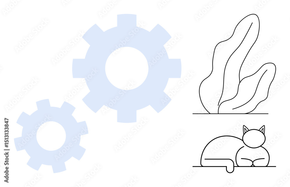 Aufkleber large and small gears in soft blue tones adjacent to a minimalist outline of a resting cat and abstr