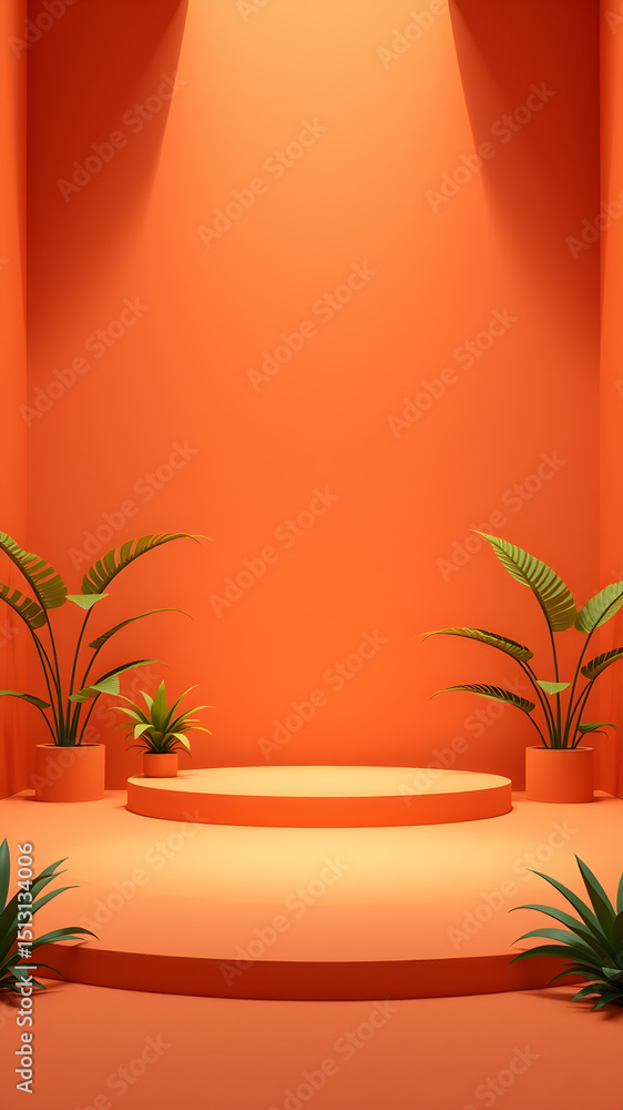 Poster orange studio setup with plants and a podium for product display and presentation, creating a vibran