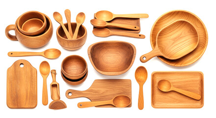 A collection of traditional wooden kitchen utensils, including spoons, forks, and spatulas, arranged on a rustic wooden background
