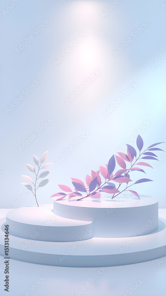 Poster elegant display podium with pastel leaves, a modern platform for product presentation, clean and sim