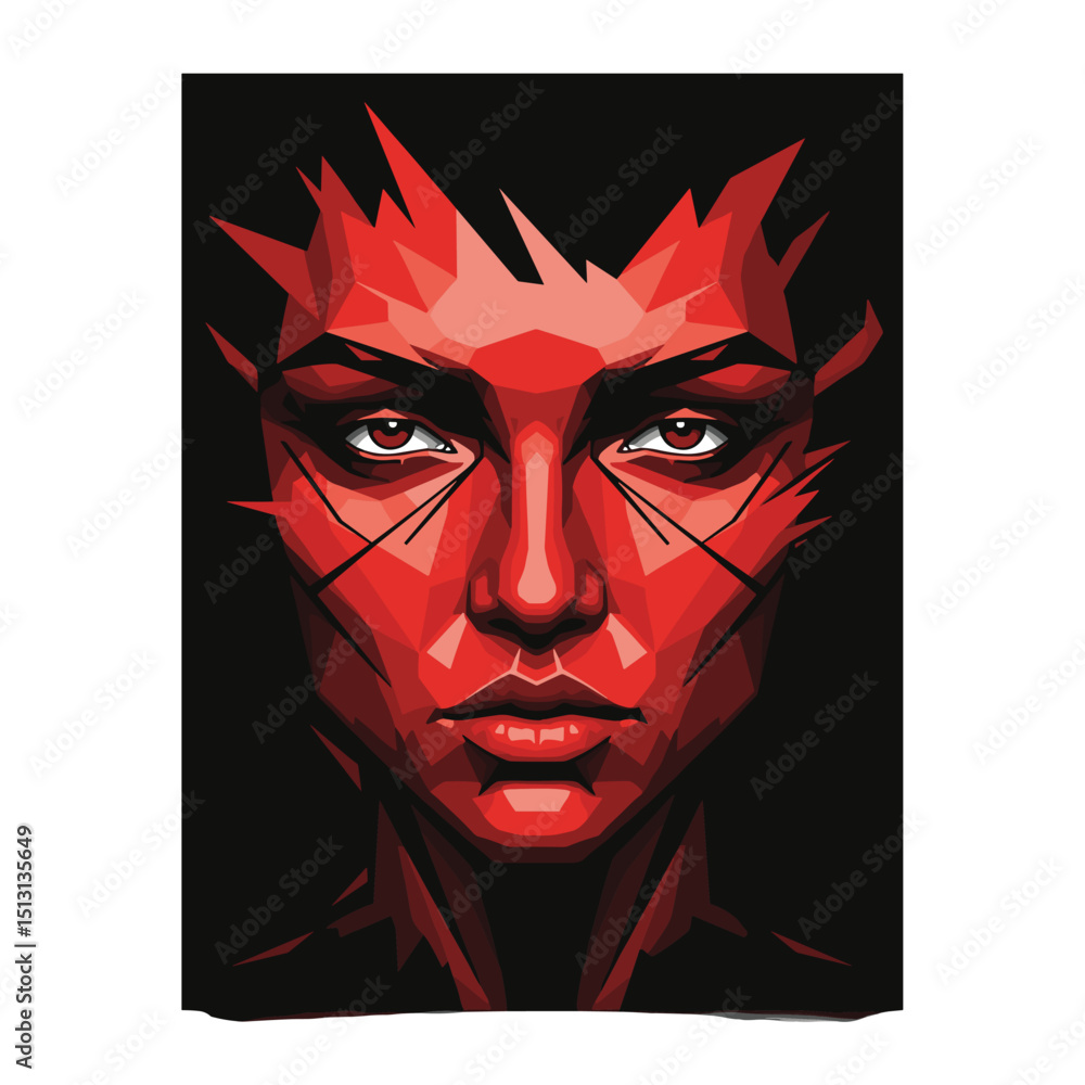Poster intriguing portrait in red: a striking portrait of a person with sharp, angular features. this digit