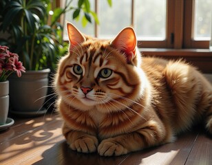 Ginger cat lounging by a sunny window with plants in a cozy indoor space