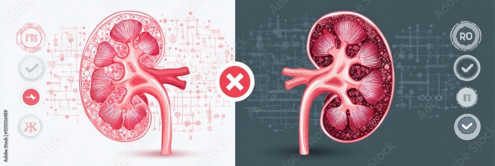 Aufkleber comparison chart of healthy kidney versus damaged kidney with clear visual distinction and informati