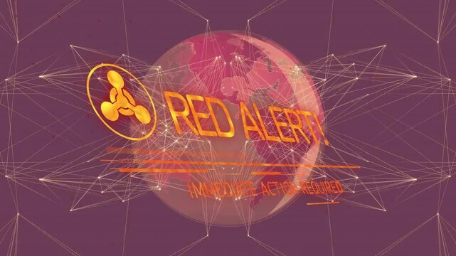 Digital mesh sphere fading into view, rotating as alert icon and texts animating for urgent action