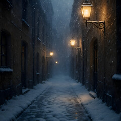 Fototapeta premium A narrow cobblestone alley in an old European city during a winter evening snowstorm. Thick snowflakes fall heavily, swirling through the cold air. 