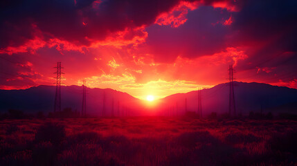 Fiery Sunset Landscape Illustration