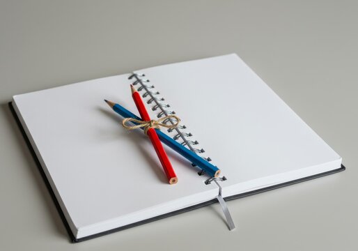 Notebook with blank pages and red and blue pencils tied together