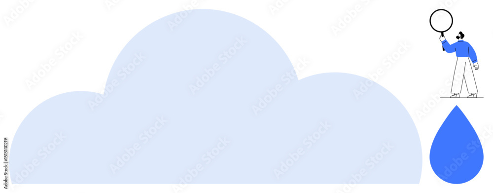 Poster person with magnifying glass inspecting cloud element and a water drop. ideal for data storage, tech