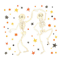 Two funny dancing skeletons in a pair among orange and black stars and confetti
