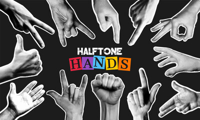 Trendy set of human hand gesture with retro halftone and photocopy grain effect. Y2k collage of woman finger point, touch, thumb or dot arm as torn paper sticker with doodle grunge paint brush texture