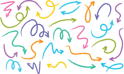Pastel chalk arrow doodle set with hand drawn swirls, pointers, curves. Artistic crayon strokes, sketchy pencil scribbles, marker lines. Colorful grunge style design UI elements for creative projects.