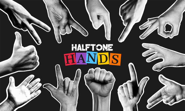 Trendy set of human hand gesture with retro halftone and photocopy grain effect. Y2k collage of woman finger point, touch, thumb or dot arm as torn paper sticker with doodle grunge paint brush texture