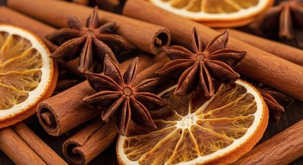 Close up of cinnamon sticks, star anise, and dried orange slices arranged together on a dark surface