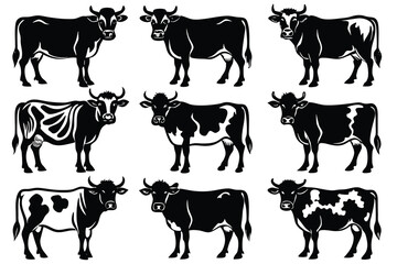 Collection of Black and White Cow Illustrations Farm Animal Silhouettes
