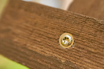 Tightening hex bolt in timber close-up for construction work