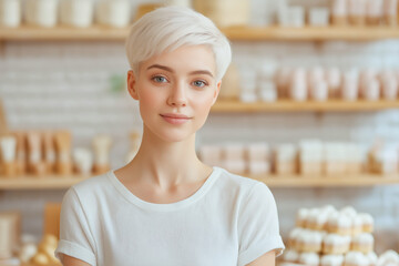 Confident shopkeeper smiling in her pastry and bakery shop