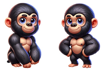illustration of two cute Gorilla 3d animal isolated on transparent background
