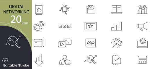 Digital Networking related icon collections. Containing Connection, Communication, Internet, Social, Link, Share, Online, Web, Technology, and Network icons. Editable Stroke. Outline icons.